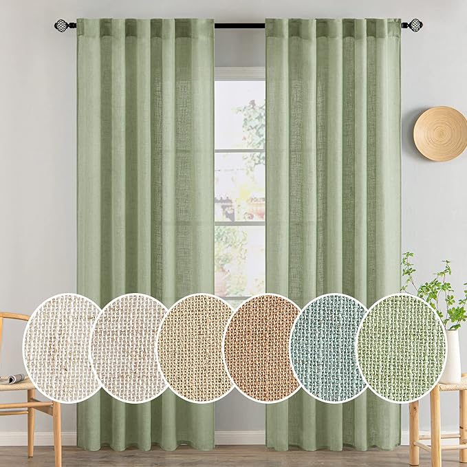 MIULEE Sage Green Linen Curtains 84 Inch Length for Bedroom Living Room, Soft Thick Linen Textured Window Drapes Semi Sheer Light Filtering Back Tab Rod Pocket Burlap Look, 2 Panels, 37x84 Inches