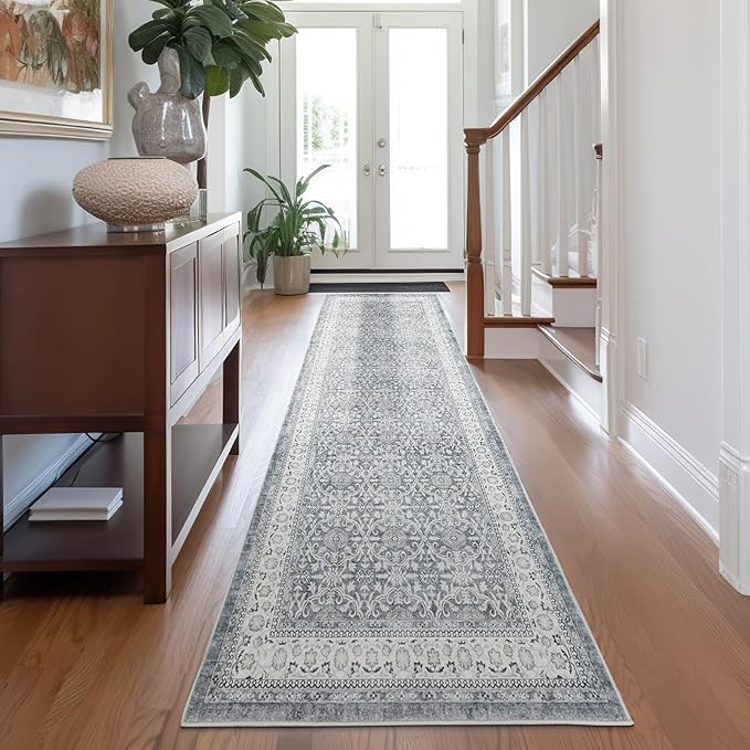 jinchan Hallway Runner Rug 3x7 - Machine Washable Grey Vintage Floral Distressed Design Soft Non-Slip Low-Pile Ultra-Thin Runner Rug for Kitchen Laundry Room Bedroom Farmhouse (3‘x8', Grey)