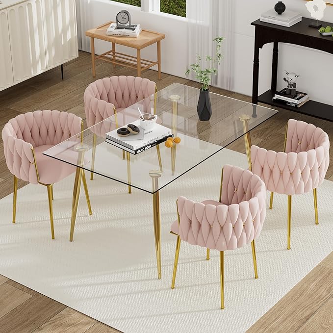 5 Pieces Modern Gold Dining Table Set, 51'' Small Luxury Rectangle Kitchen Table Set, 4 Person Clear Glass Top Minimalist Dinner Table Set, Pink Woven Chair, for Home Apartment Office