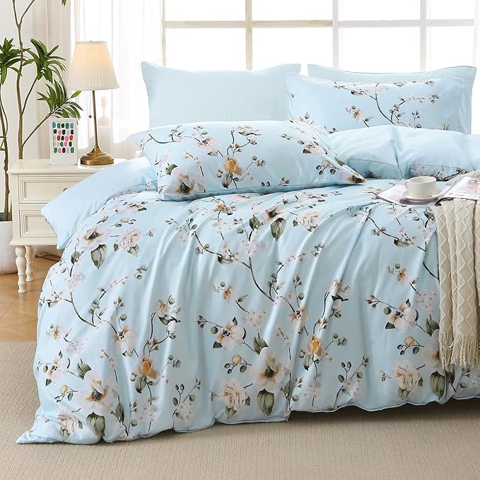 MUXHOMO Ceiba Blue Bed in a Bag King 7 Pieces, King Comforter Set Reversible Botanical Flowers Design, Ultra Soft & Breathable Bedding Sets with Comforter, Sheets, Pillowcases & Shams