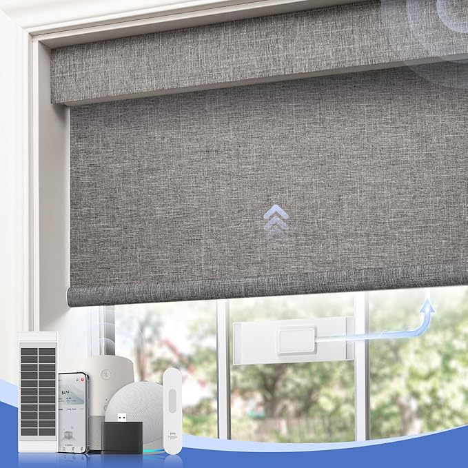 Motorized Blinds with Remote,100% Blackout Smart Roller Shades,Rechargeable Smart Blinds【Solar Panel Included】 Wireless Electric Cordless Shades with Cover Compatible with Alexa Grey 30 * 72