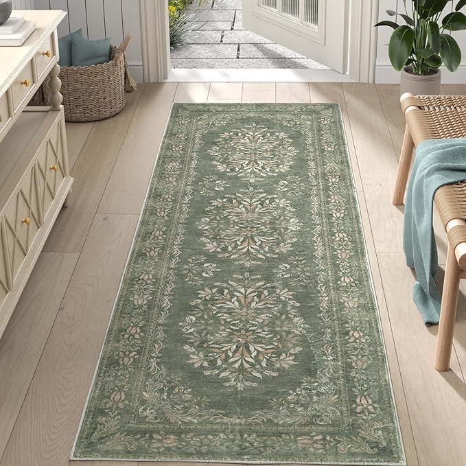jinchan Hallway Runner Rug 2x8 Vintage Floral Distressed Design - Machine Washable Non-Slip Low-Pile Soft Thin Faux Wool Kitchen Christmas Carpet for Farmhouse Bedroom Laundry Room(2x8ft, Dark Green)