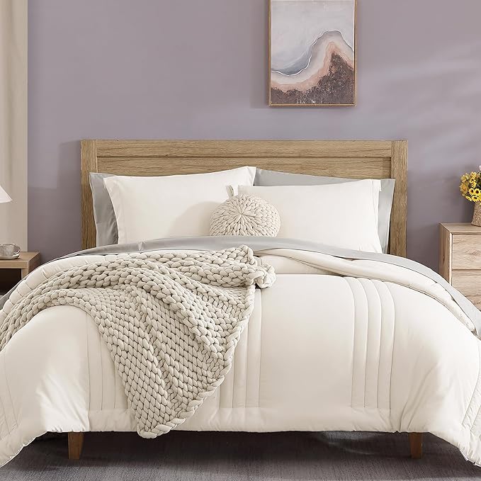 Monbix Full Comforter Set - 7 Pieces White Bed in a Bag Full Size Bedding Sets with Comforters, All Seasons Down Alternative Comforter with Sheets,Pillowcases & Shams