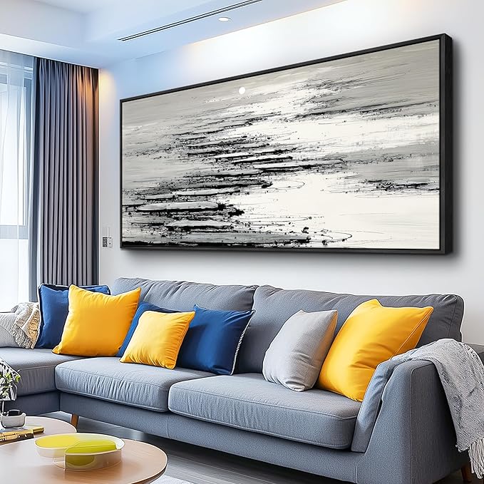 XIGUANGART Black and White Wall Art for Living Room Large Framed Canvas Print Minimalist Ocean Skyline Sunset Abstract Pictures Modern Painting For Bedroom Office Home Wall Decor Ready to Hang