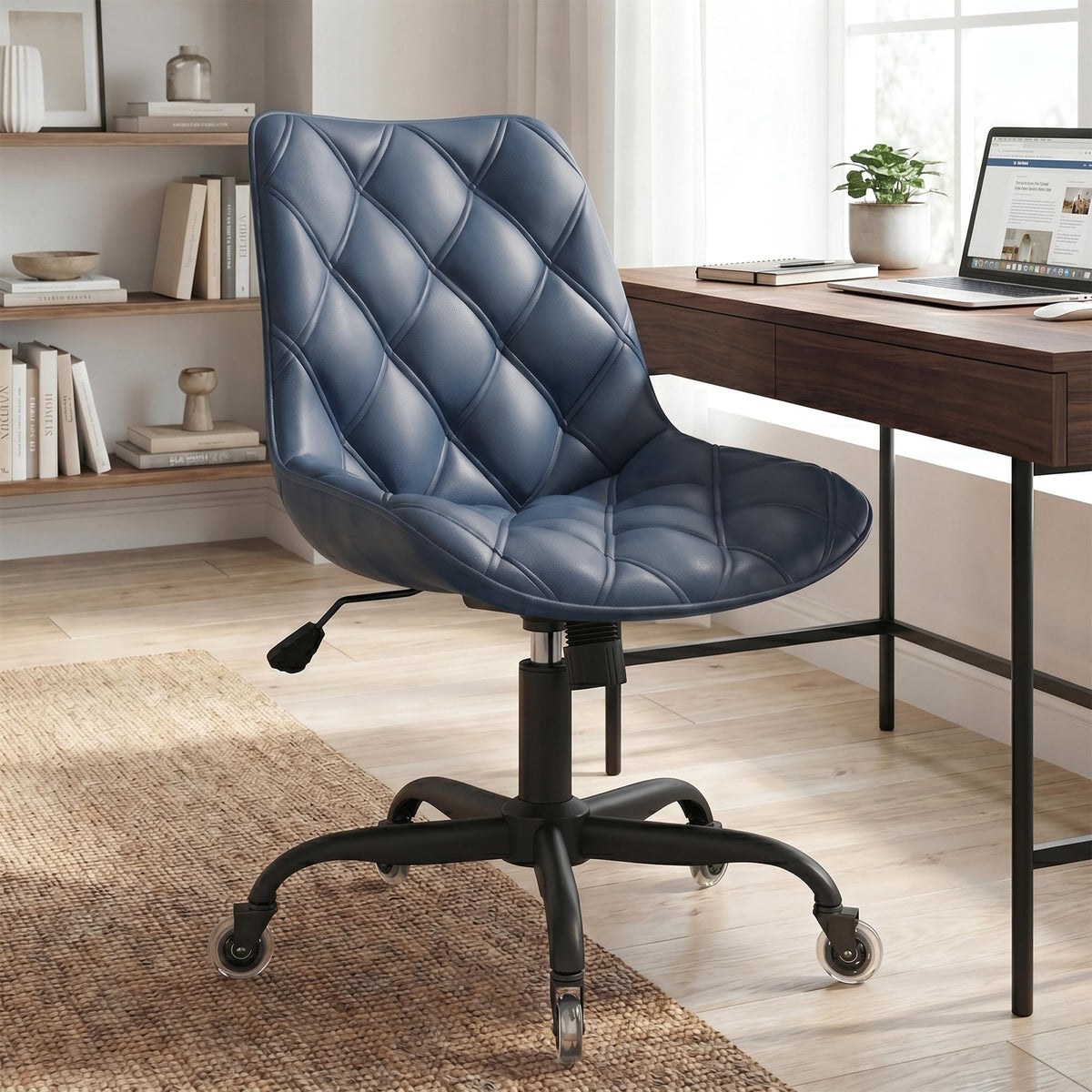 Armless Office Chair, Mid Back Modern Desk Chair with Rubber Wheels, 360 Swivel PU Leather Office Chair No Arms, Adjustable Height Small Computer Chair, Armless Desk Chair for Office, Navy Blue