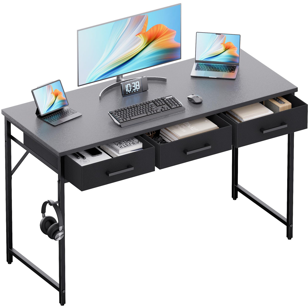 Pamray 47 Inch Small Computer Desk with 3 Drawers for Bedroom Study Writing Home Office Table for Small Spaces Grey