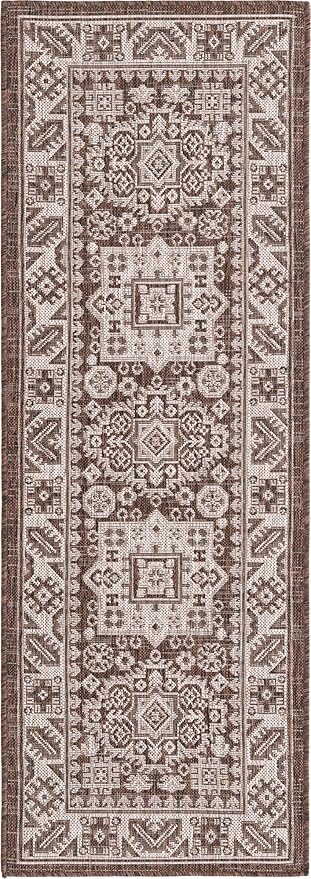 Rugs.com Outdoor Aztec Collection Rug – 6 Ft Runner Brown Flatweave Rug Perfect for Hallways, Entryways