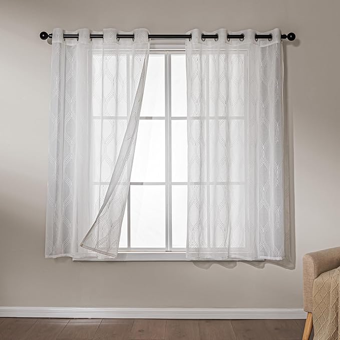 Amazon Basics 2-Piece Embroidery Sheer Curtain Set, Light Filtering Hollow Drapes for Living Room and Bedroom, 42" W × 63" L, White Classic Waves