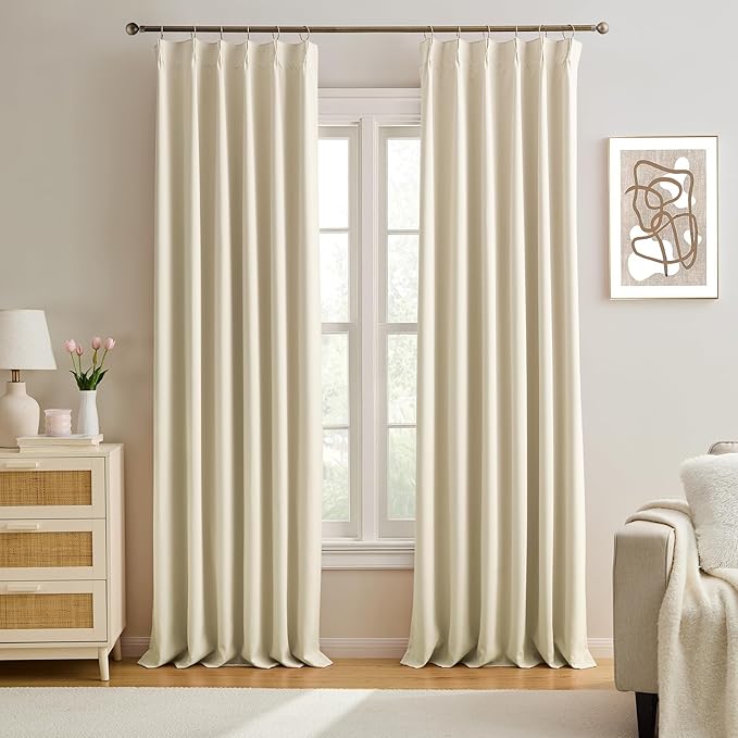 KEQIAOSUOCAI Extra Long Large Viral Pinch Pleat Cream Beige Curtains 132 Inch Long with Hooks Sound Deadening 11 ft Length Cute Curtains & Drapes for Living 130 Inch Window W40 x L132 x 2Panels
