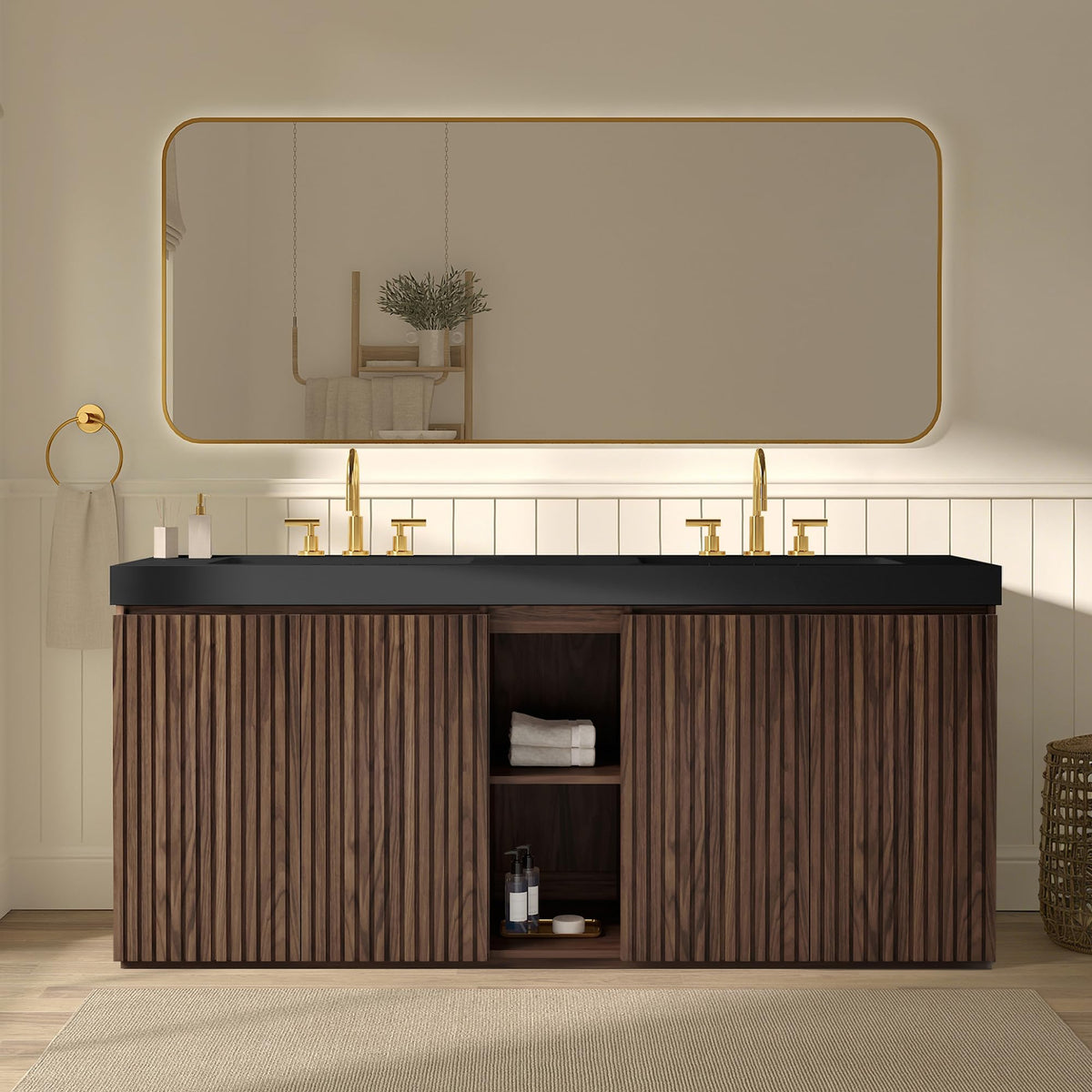 CITTANEO 72" Bathroom Vanity with Double Sink, Freestanding Double Sink Bathroom Vanity with Black Engineered Stone Top, Open Storage Cabinet & Adjustable Shelf, 4 Soft-Closing Doors, Walnut