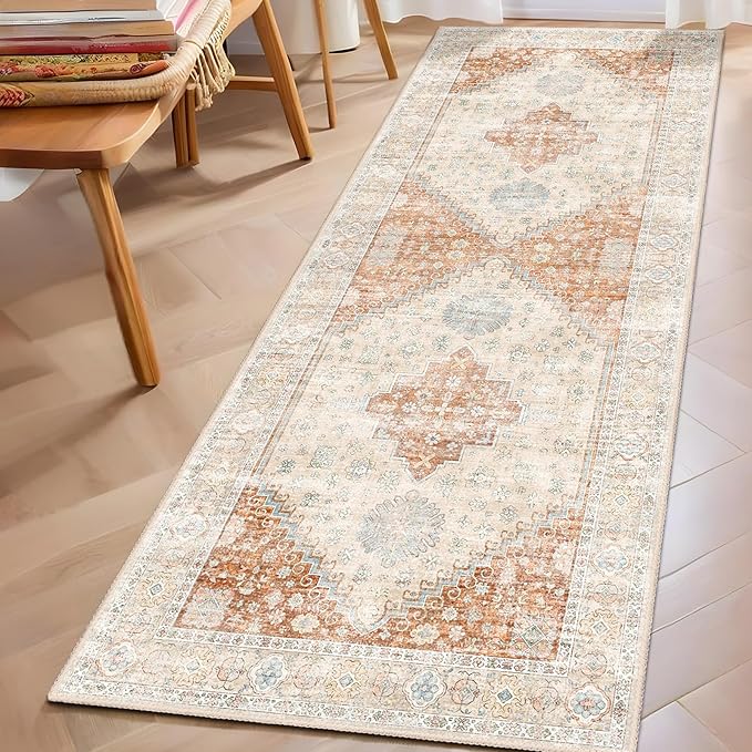 MUJOO Washable Runner Rug,2x6 Runners for Kitchen Bathroom Hallway Bedroom Entryway Laundry,Non Slip Long Mat Indoor,Boho Throw Carpet Low Pile Terracotta
