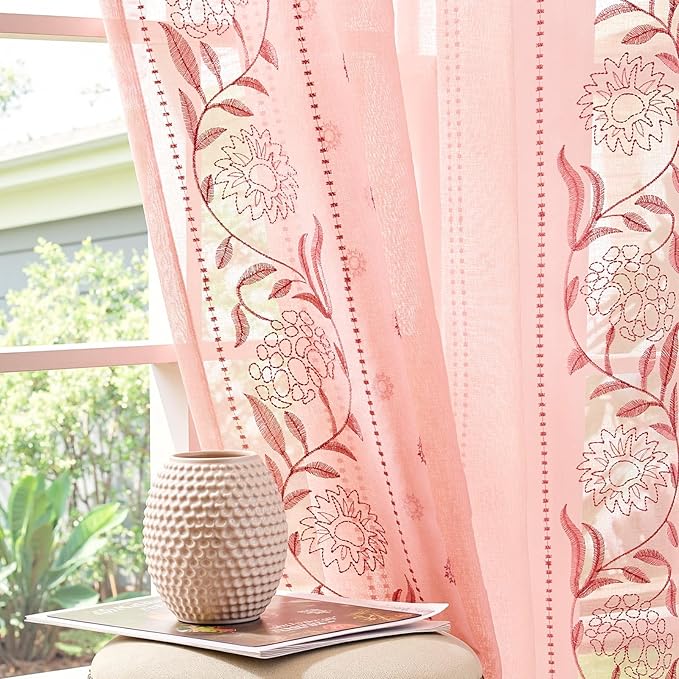 jinchan Winslow Sheer Curtains 63 Inch Length for Dorm Bedroom Bordered Floral Pattern Decorations Short Curtains Light Filtering Window Treatments, 50W x 63L, 2 Panels