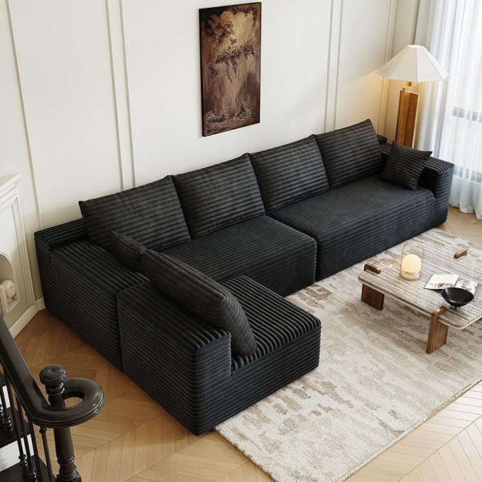 139.4" Modular Sectional Sofa, L-Shaped Minimalist Couches with Middle Seat Chaise, Modern Deep Seat Convertible Sleeper Sofa,Cloud Plush Corduroy Fabric, No Assembly Required, 5 Seater, Black