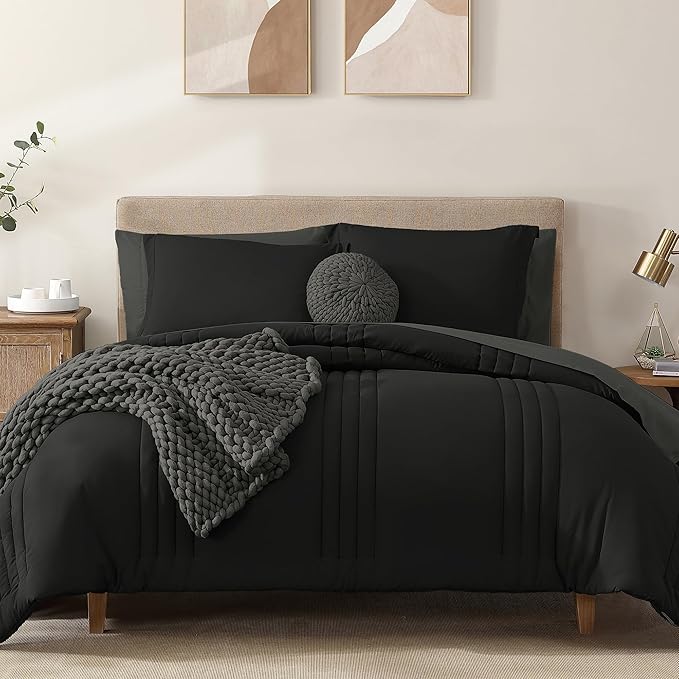 Monbix Full Comforter Set - 7 Pieces Black Bed in a Bag Full Size Bedding Sets with Comforters, All Seasons Down Alternative Comforter with Sheets,Pillowcases & Shams