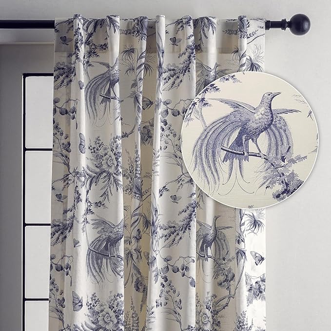 Maison d' Hermine Curtains for Living Room 100% Cotton 108 inch Length One Panel Light Filtering Toile Curtains for Bedroom Windows with Rod and Loop Pockets Drapes (Paradise Delft, 50" W x 108" L)