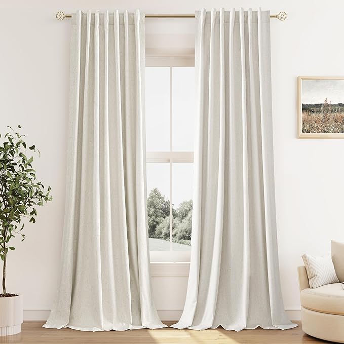Guken Cream Linen Blackout Curtains 98 Inch Length 2 Panels Set for Living Room Bedroom Back Tab Thermal Insulated 100% Black Out Linen Drapes Room Darkening Window Curtains