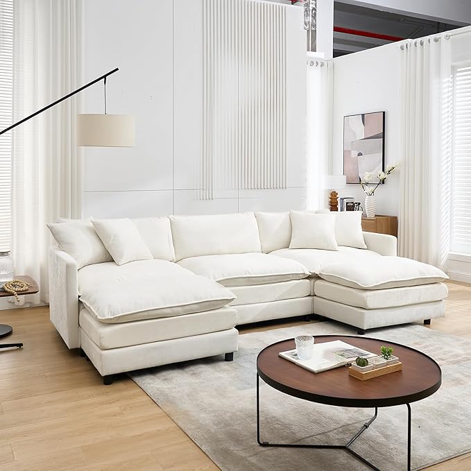 U-Shaped Modular Sectional Sofa Set with Ottomans - 108" Modern Corduroy Cloud Couch for Living Room (3-Seater + 2 Movable Ottomans + 3 Pillows) - Chenille Fabric in Beige