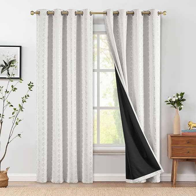 jinchan 95% Blackout Boho Curtains 90 Inches Long for Christmas Bedroom Living Room Decor Festive Silver Geometric Foil Printed Curtain Grommet Top Room Darkening Drapes Off White 52 x 90 2 Panels
