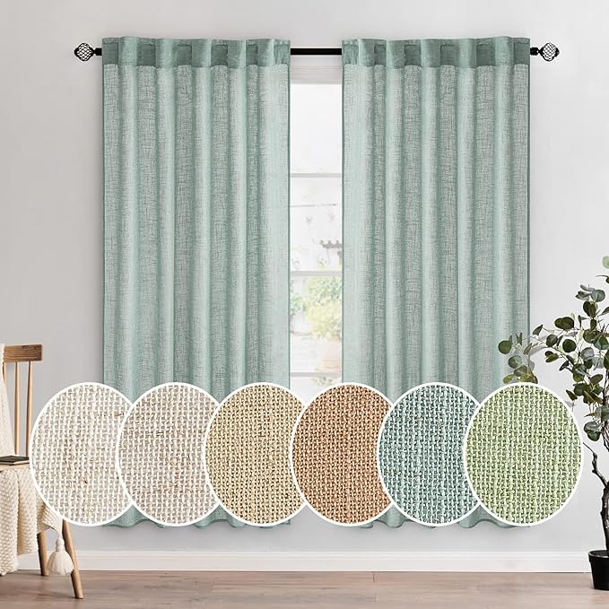 MIULEE Sea Green Linen Curtains 72 Inch Length for Bedroom Living Room, Soft Thick Linen Textured Window Drapes Semi Sheer Light Filtering Back Tab Rod Pocket Burlap Look Aqua Decor, 2 Panels