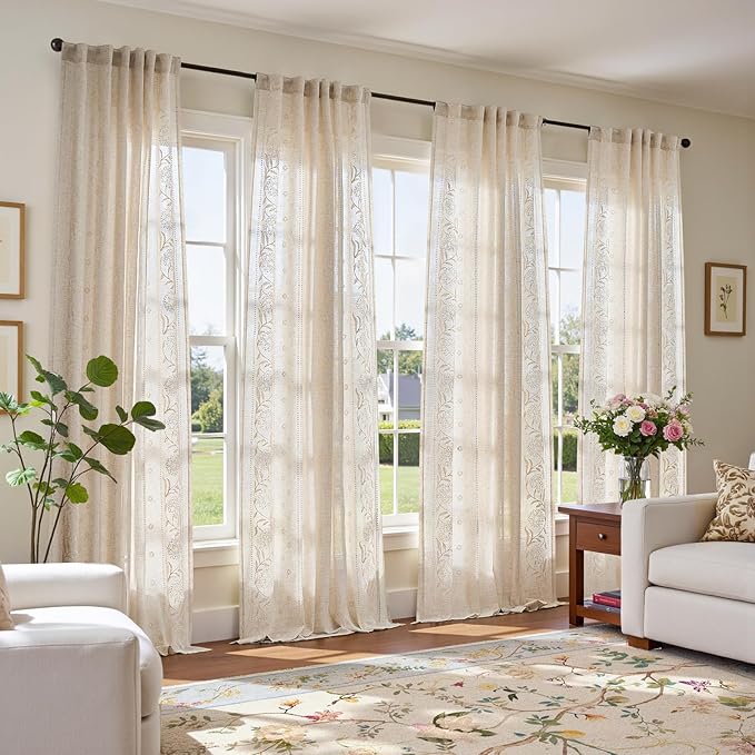 jinchan Winslow Linen Curtains for Living Room Floral Curtains 96 Inch Length Ivory Embroidered Bordered for Sitting Room Farmhouse Decor Light Filtering Window Treatments Set of 4
