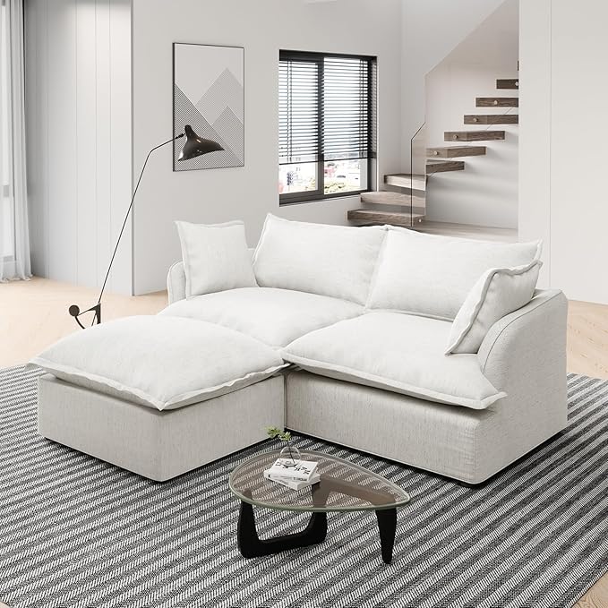 Cloud Modular Sectional Sofa Couch, 2 Seater with Ottoman Convertible Sectional Couch,Down Feather Fill Sofa, Completely Removable Cover, Corner Sofa for Living Room, Office,Cream White