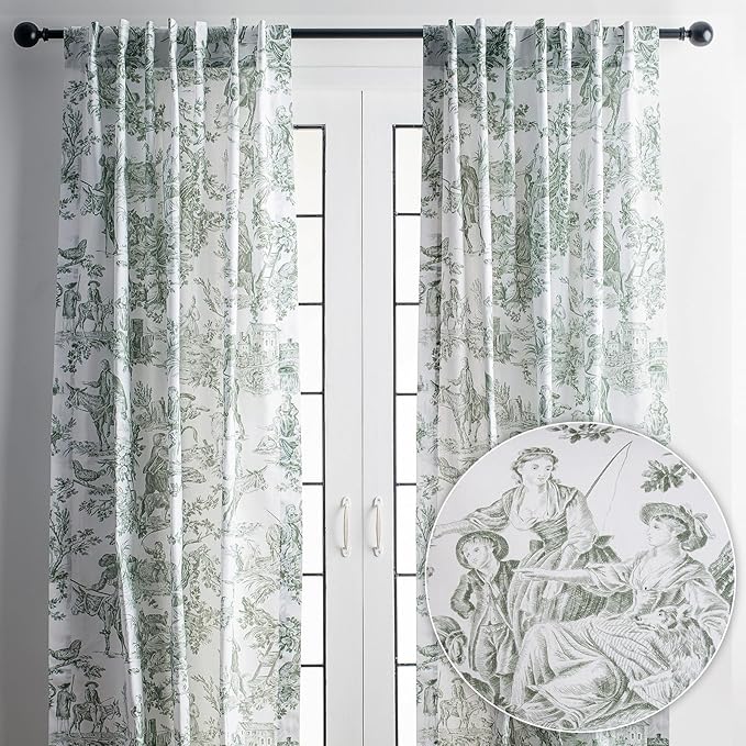 Maison d' Hermine Curtains for living room 100% Cotton 108 inch length Two Panels Light Filtering Toile Curtains with rod and loop Pockets (The Miller Antique Green (White Background), 50"W x 108"L)