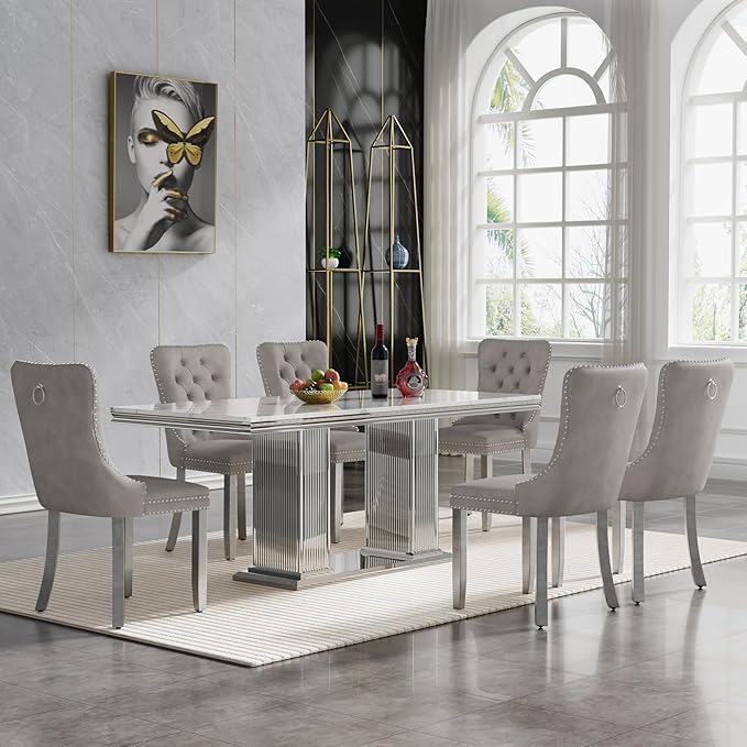 HomVent 68.11'' Rectangle Dining Table Set for 6, Modern Faux Marble Table Top & Stainless Steel Base (Silver with 6 Grey Chairs, 7 Pieces)