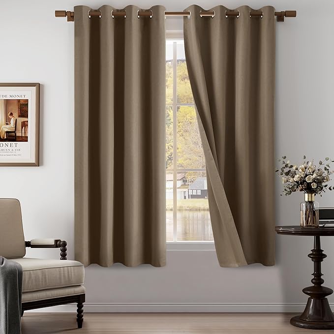 100% Blackout Linen Textured Curtains for Children's Room, Bedroom, Light Weight Curtains with Grommets Top, Kitchen Full Blackout Curtains Privacy Protection, Brown, 52" W x 63" L, 2 Panels