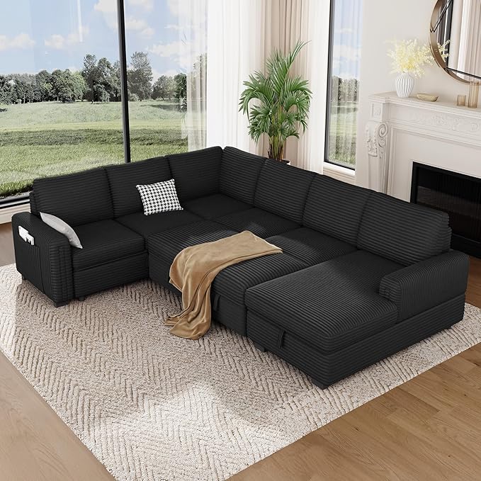 Vesgantti 113.6" Modular Sectional Sofa with Pull Out Couch Bed, 7 Seater U Shaped Sleeper Sofa with Storage Chaise, Corduroy Sectional Couch for Living Room, Bedroom, Apartment, Black