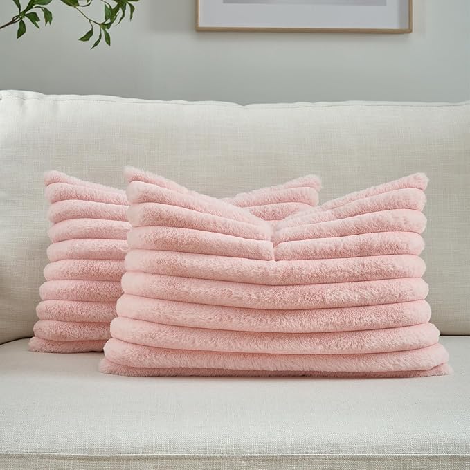 FUTEI Pink Throw Pillow Covers Set of 2, 12x20 Inch Striped Texture Lumbar Pillow Cases with Soft Faux Rabbit Fur Front & Velvet Back, Modern Decorative Couch Pillows for Living Room