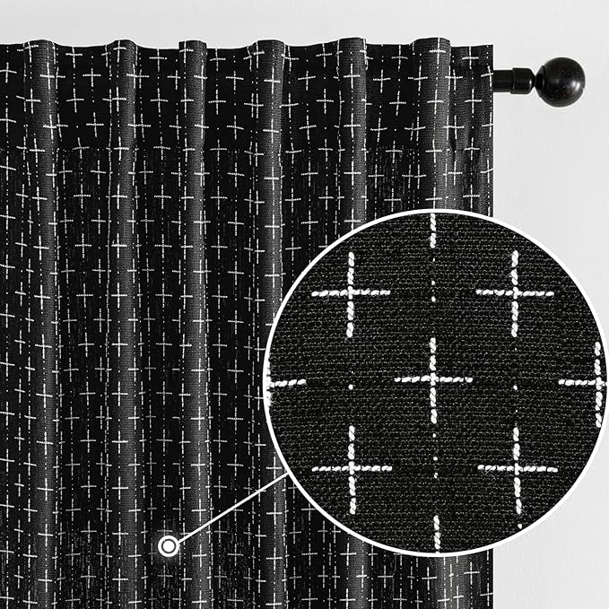 MIULEE Decorative Back Tab Linen Curtains with Geometric Pattern for Living Room Bedroom Farmhouse Rustic Thick Woven Textured Patterned Mudcloth Drapes 72 Inches Long 2 Panels Set, Black