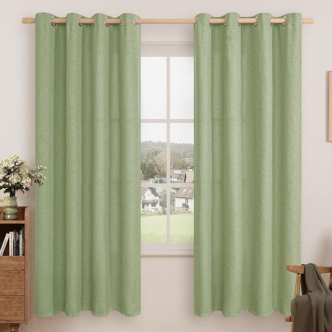 LAMIT Natural Linen Thermal Curtains for Living Room, Grommet Thick Light Reducing Curtains Window Light Filtering Panels for Bedroom/Farmhouse, Set of 2 Panels, W52 x L72, Sage Green