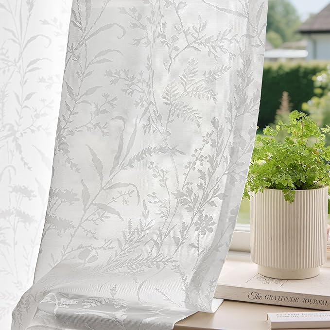 Anmao White Semi Sheer Light Filtering Curtains 54 Inches Long 2 Panels, Leaf Pattern Drapes for Living Room Bedroom, Rod Pocket Sheer Window Treatments with Floral Design, 52x54 Inch