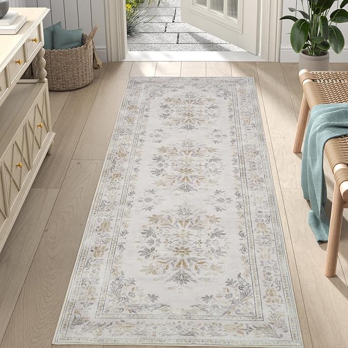 jinchan Hallway Runner Rug 2x8 Vintage Floral Distressed Design - Machine Washable Non-Slip Low-Pile Soft Thin Faux Wool Kitchen Carpet for Farmhouse Bedroom Laundry Room(2x8ft, Light Grey)