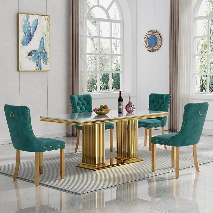 HomVent 68.11'' Faux Marble Dining Table Set for 4, Modern Rectangle Kitchen Table Set with Faux Marble Table Top & Stainless Steel Base