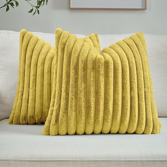 FUTEI Mustard Yellow Throw Pillow Covers Set of 2, 16x16 Inch Striped Texture Cushion Cases with Soft Faux Rabbit Fur Front & Velvet Back, Modern Decorative Couch Pillows for Living Room