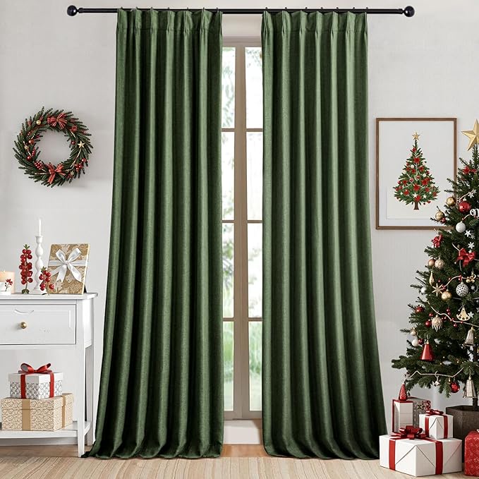 IVAPUPU Linen Pinch Pleated Blackout Curtains for Bedroom - Full Black Out Green Curtains 84 Inch Long 2 Panel for Living Room Darkening Thermal Window Curtain Drapes for Christmas Decor