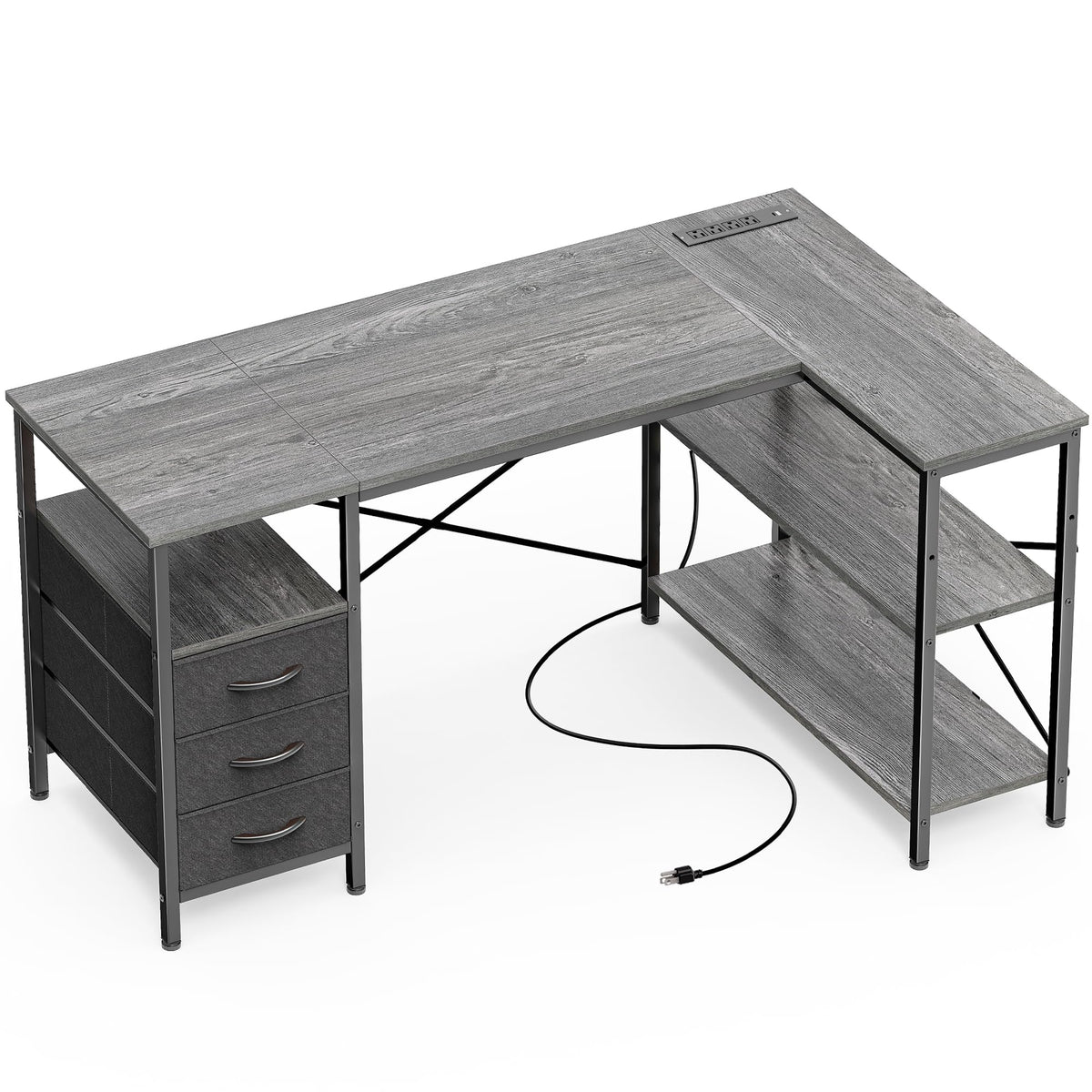 Huuger L Shaped Office Desk with Power Outlets & 3 Drawers