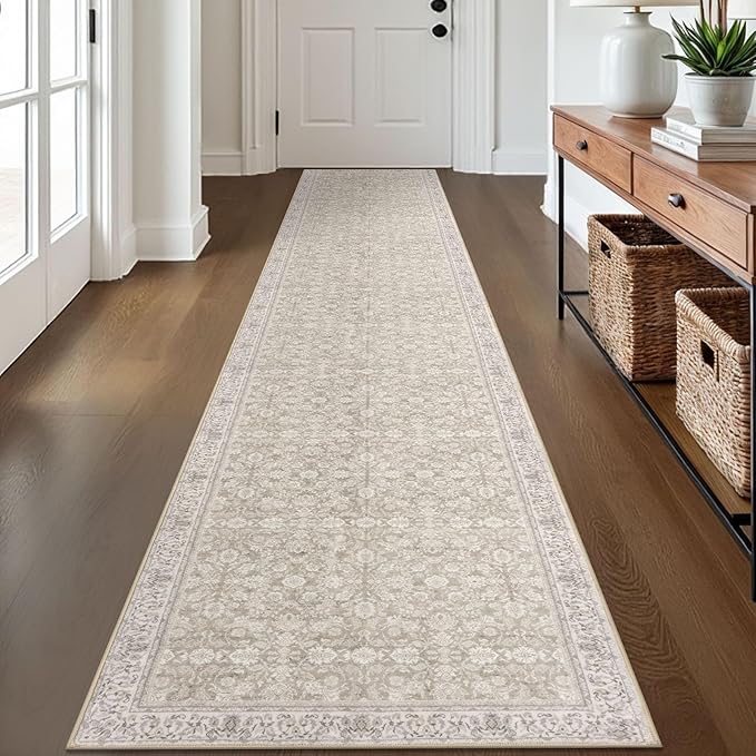 2x12 Washable Runner Rug for Kitchen, Cream Beige White Grey Soft Classic Runner with Non-Slip, Non-Shedding Distressed Floral Rug for Hallways Entryway Bedroom Laundry Indoor