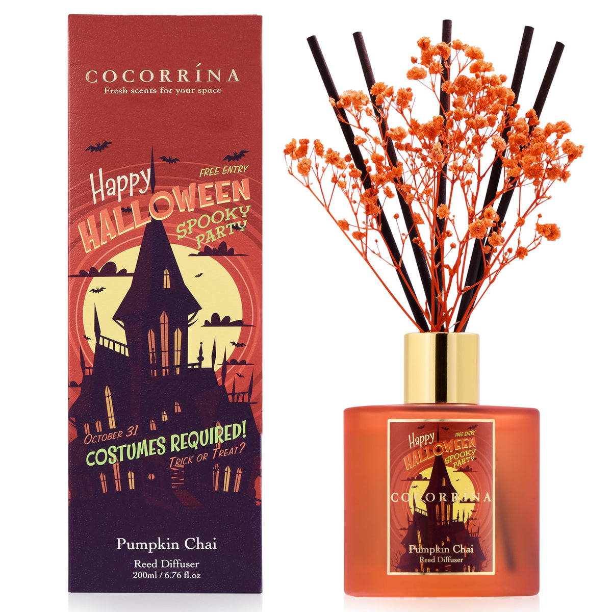 COCORRÍNA Reed Diffuser - Pumpkin Chai 6.7 fl oz Scented Diffuser with 8 Sticks Home Fragrance Bathroom Shelf Decor (Halloween Collection)