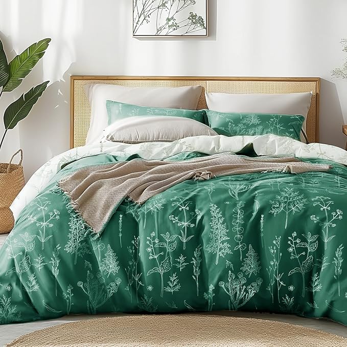 Love's cabin Emerald Full Comforter Set - Full Size Comforter Set, 3 Pieces Cute Floral Bedding Sets for All Seasons,1 Soft Reversible Botanical Flowers Comforter and 2 Pillow Shams
