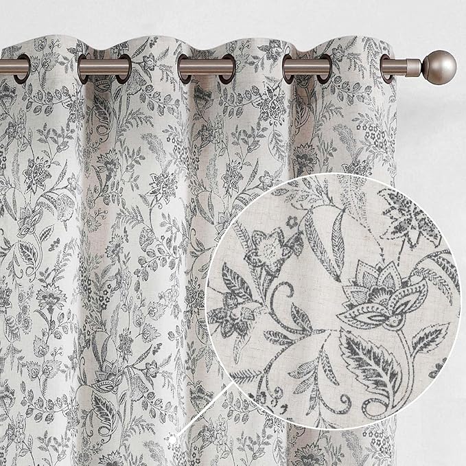 Lazzzy Floral Linen Farmhouse Curtains 63 Inch Length Drapes for Living Room Bedroom Pattern Light Filtering Country Vintage Curtain Grommet Top, 2 Panels, Black on Beige