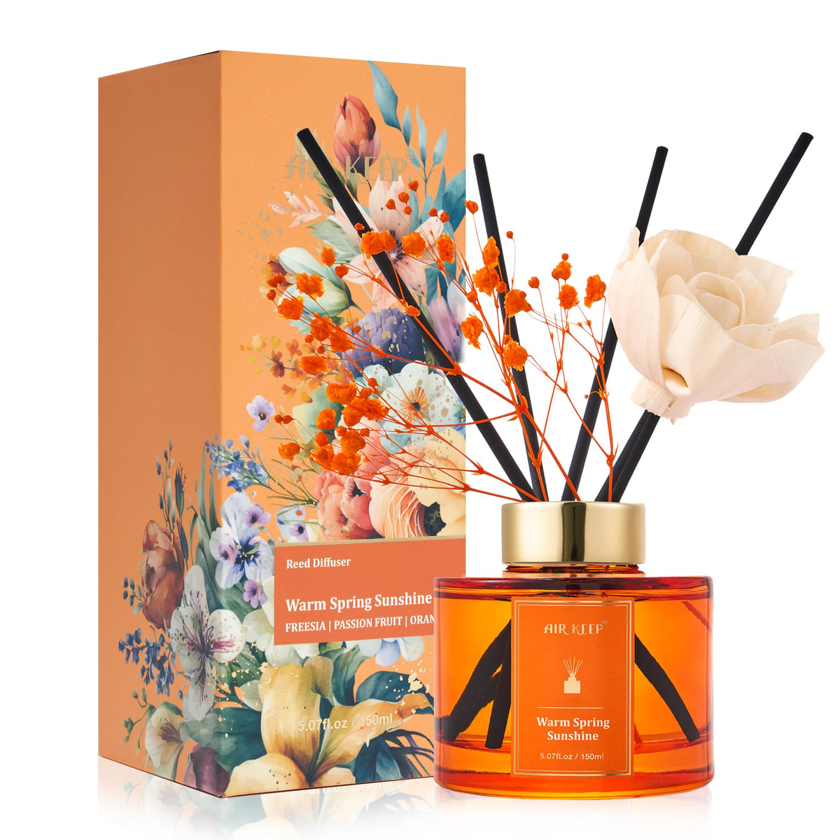 Airkeep Flower Reed Diffusers Set, 5.07 oz Freesia/Passion Fruit/Orange Scented Oil Diffuser with 8 Reed Sticks, Home Fragrance Diffuser Gift Set for Bathroom & Office Decor 150ml