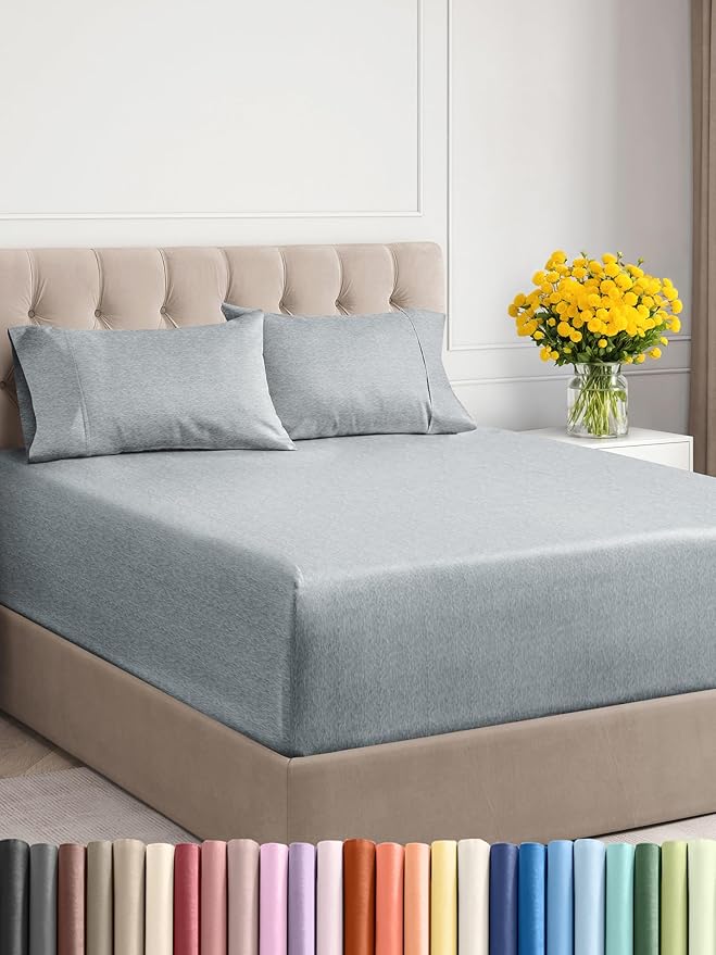 Extra Deep Twin XL Sheet Set - 4 Piece Breathable & Cooling Sheets - Hotel Luxury Bed Sheets Set - Easy Fit - Soft, Wrinkle Free & Comfy Sheets Set - Heathered Blue Sheet Set with Extra Deep Pockets