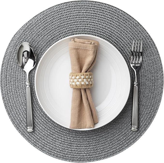 Round Placemats Set of 12 Plastic Woven Placemats Washable Wipeable Table Mats for Dining Table Heat Resistant Non-Slip Circle Place Mats (Gray)