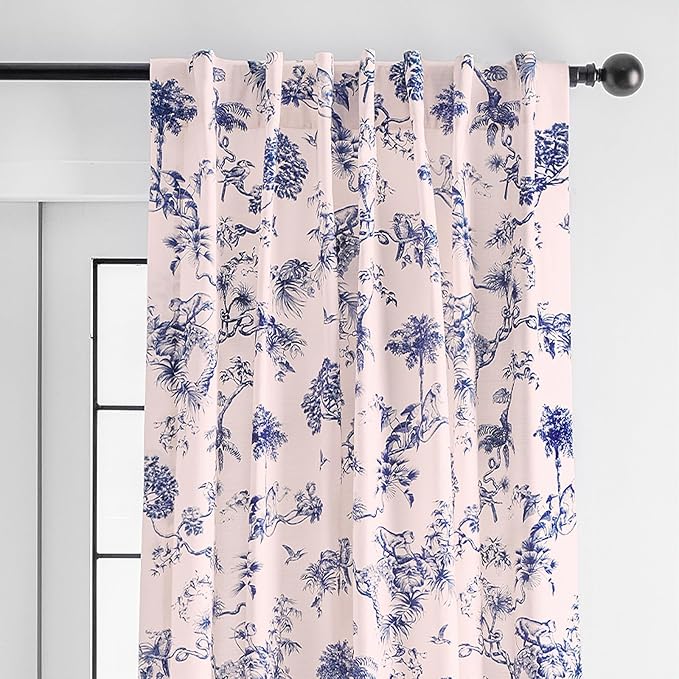 Maison d' Hermine Curtains for Living Room 100% Cotton 84 inch Length One Panel Light Filtering Toile Curtains for Bedroom Windows with Rod and Loop Pockets Drapes (Bonobo Blue, 50" W x 84" L)