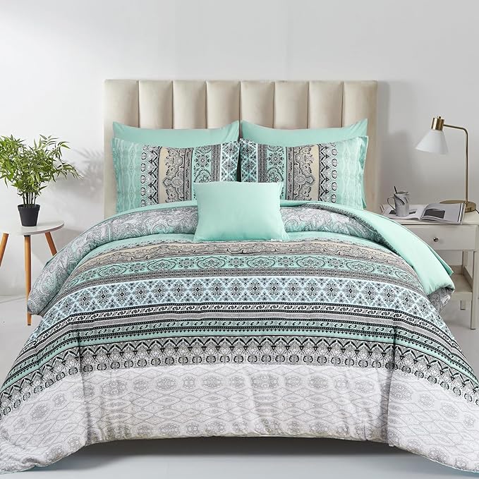 Cottolester Boho Comforter Set Full Size,8 Piece Bed in a Bag Sage Green Paisley Comforter and Sheet Set,Striped Bedding Set Soft Microfiber Complete Bedding Set