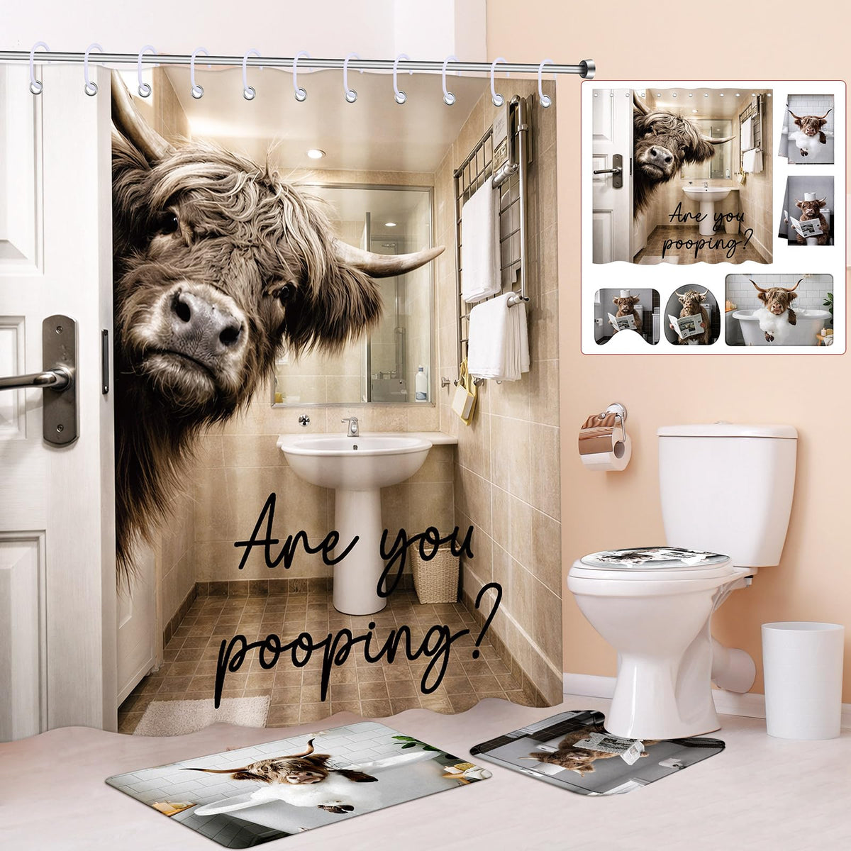 HunnmingRe 6 Pcs Highland Cow Bathroom Decor, Western Shower Curtain Sets
