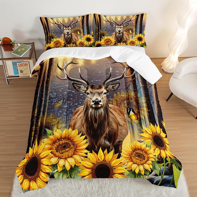 Deer Bedding Sets for Kids Boys Girls Room Decor,Hunting Themed Forest Sunflower Bedding Comforter Sets,Western Comforter Sets Woodland Camo Queen Bedding Set with 2 Pillowcases.