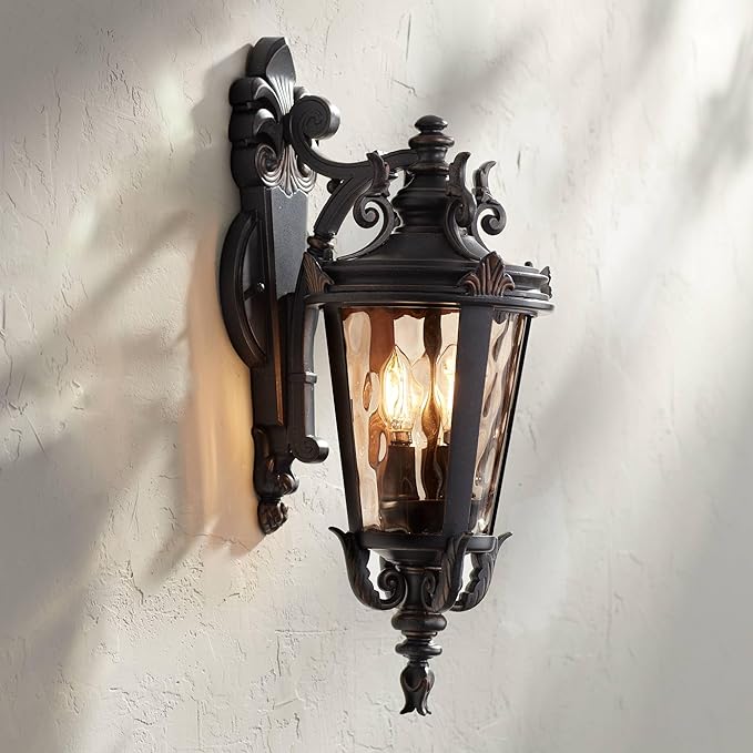 John Timberland Casa Marseille European Outdoor Wall Light Fixture Bronze Scroll 21 3/4" Champagne Hammered Glass for Exterior House Porch Patio Outside Deck Garage Front Door Garden Home